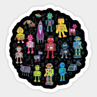 Robots in Space - bright retro robot circle Sticker